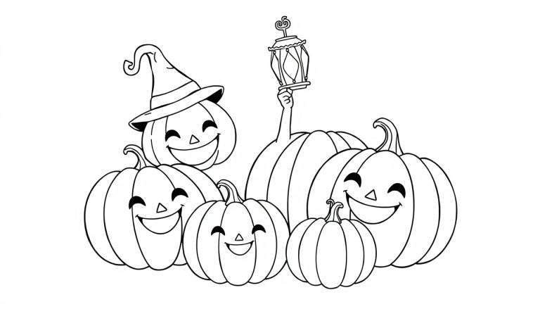 Página para colorir de abóboras de Halloween sorridentes com chapéu de bruxa e lanterna.
