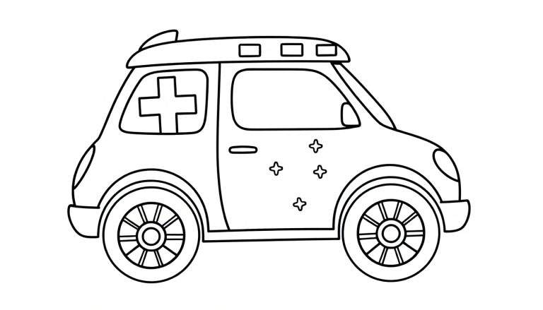 Página para colorir de uma ambulância simples e amigável em preto e branco, com uma cruz e estrelas desenhadas.