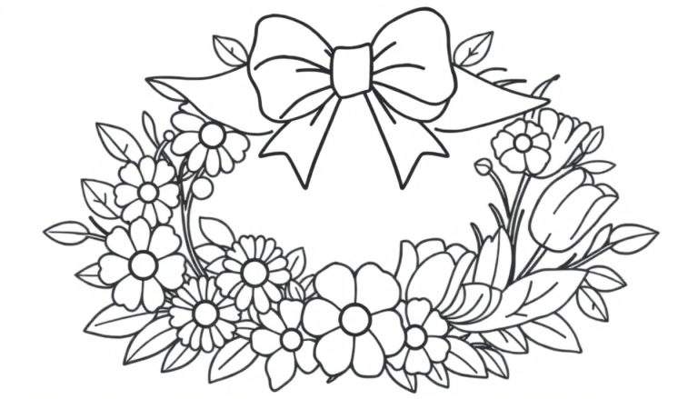 Contorno de um arco de flores decorado com um laço no topo para colorir.