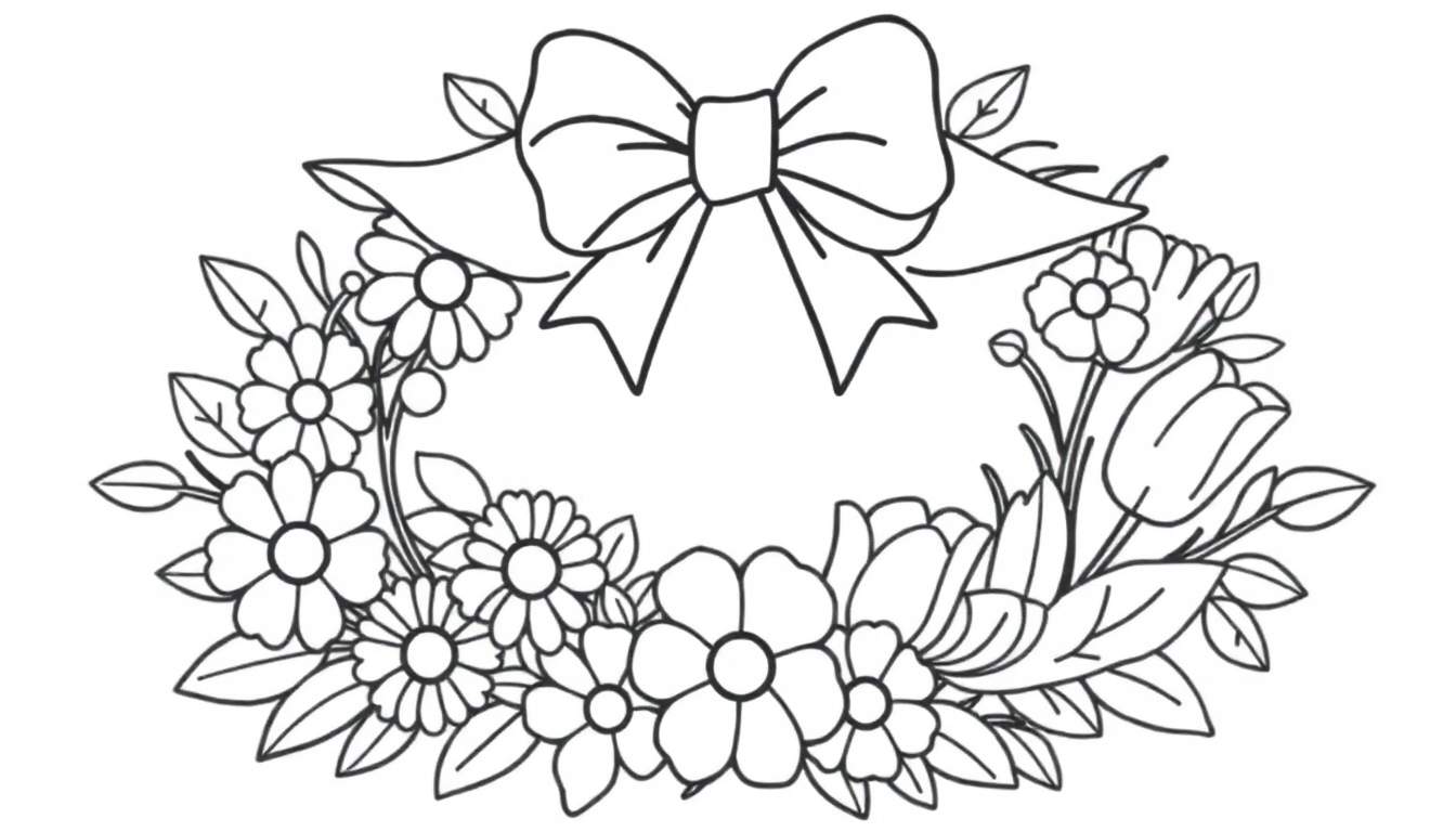 Contorno de um arco de flores decorado com um laço no topo para colorir.
