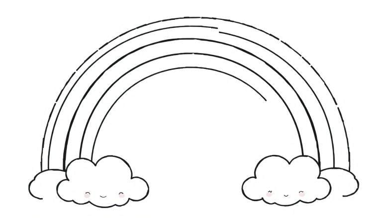 Desenho a preto e branco de um arco-íris com cinco faixas curvas, ladeado por duas nuvens sorridentes com bochechas vermelhas.