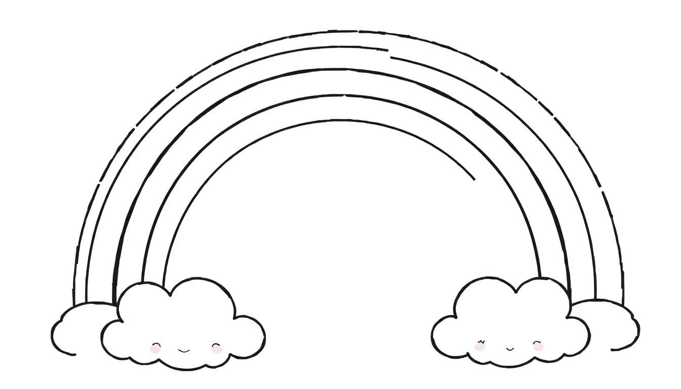 Desenho a preto e branco de um arco-íris com cinco faixas curvas, ladeado por duas nuvens sorridentes com bochechas vermelhas.