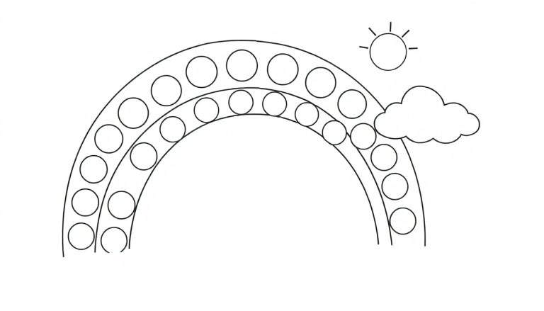 Desenho a traço de um arco-íris com círculos no interior, um sol e uma nuvem, para colorir.