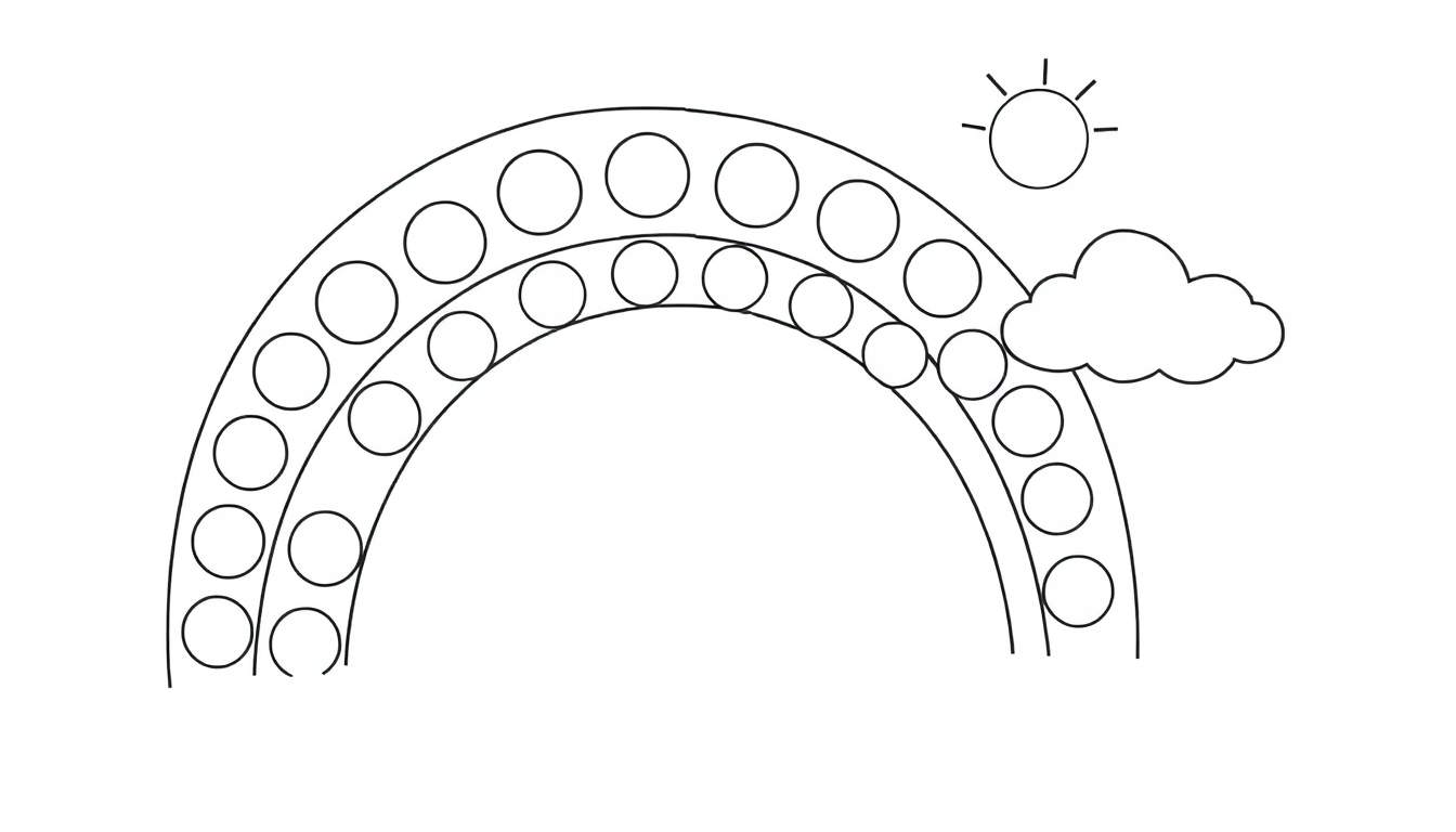 Desenho a traço de um arco-íris com círculos no interior, um sol e uma nuvem, para colorir.