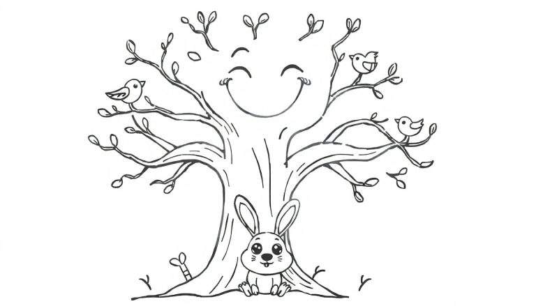 Página para colorir de uma árvore sorridente com três pássaros nos ramos e um coelho debaixo dela, rodeada por folhas caídas.