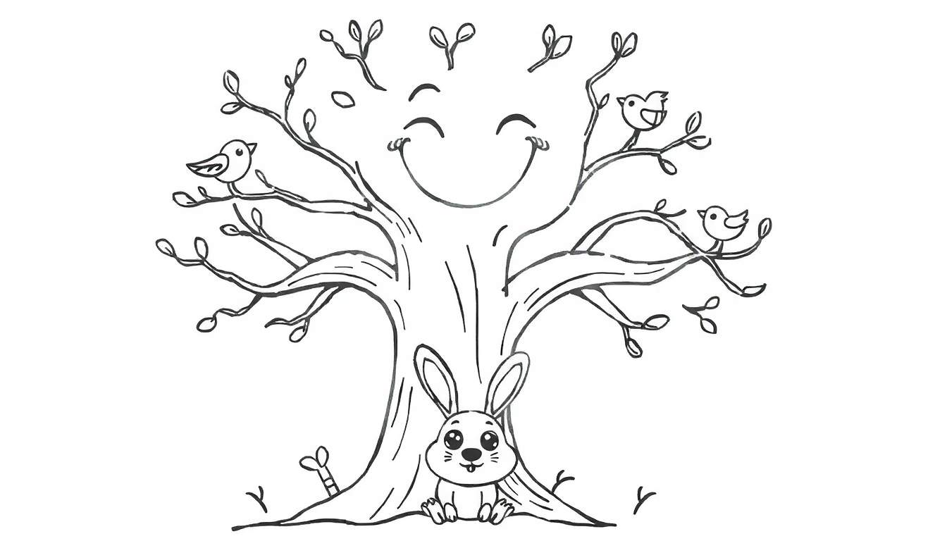 Página para colorir de uma árvore sorridente com três pássaros nos ramos e um coelho debaixo dela, rodeada por folhas caídas.