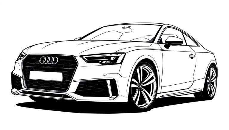 Página para colorir de um carro desportivo Audi branco, visto de frente com grelha proeminente e rodas desportivas.