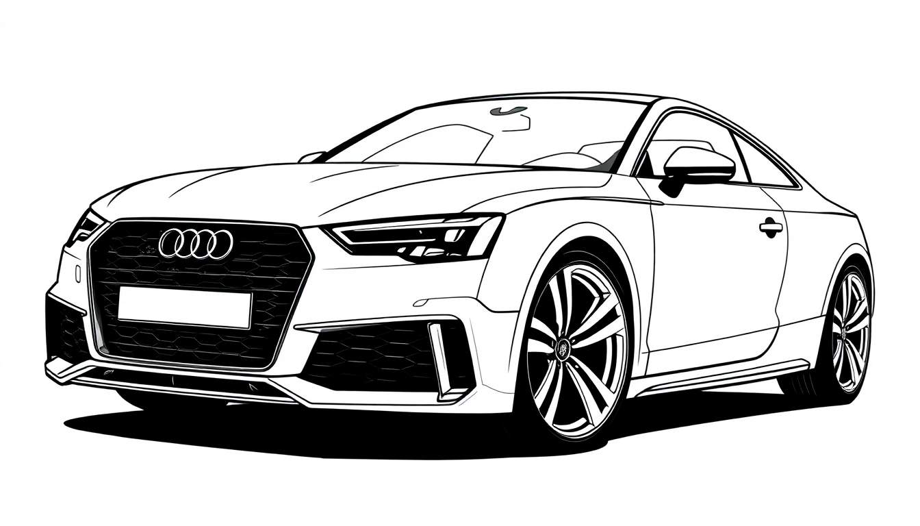 Página para colorir de um carro desportivo Audi branco, visto de frente com grelha proeminente e rodas desportivas.