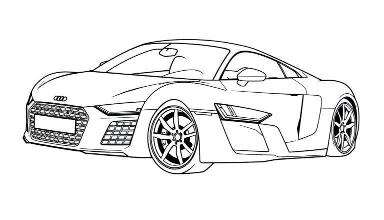 Desenho de linha de um carro esportivo Audi R8, vista frontal em três quartos, para colorir.