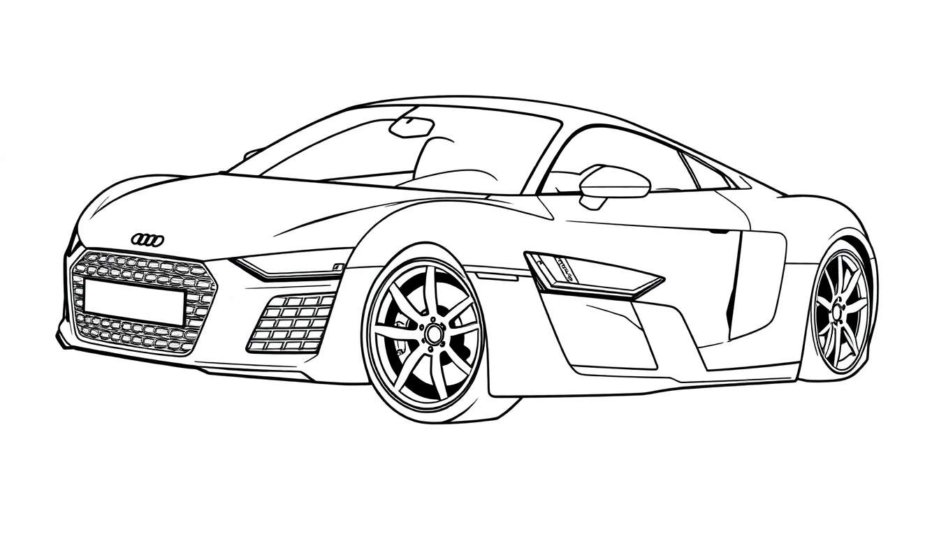 Desenho de linha de um carro esportivo Audi R8, vista frontal em três quartos, para colorir.