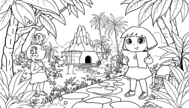 Página para colorir com Dora, a Aventureira, segurando um mapa, ao lado de uma amiga com macacos e um coelho mágico, numa selva com um templo e montanhas ao fundo.