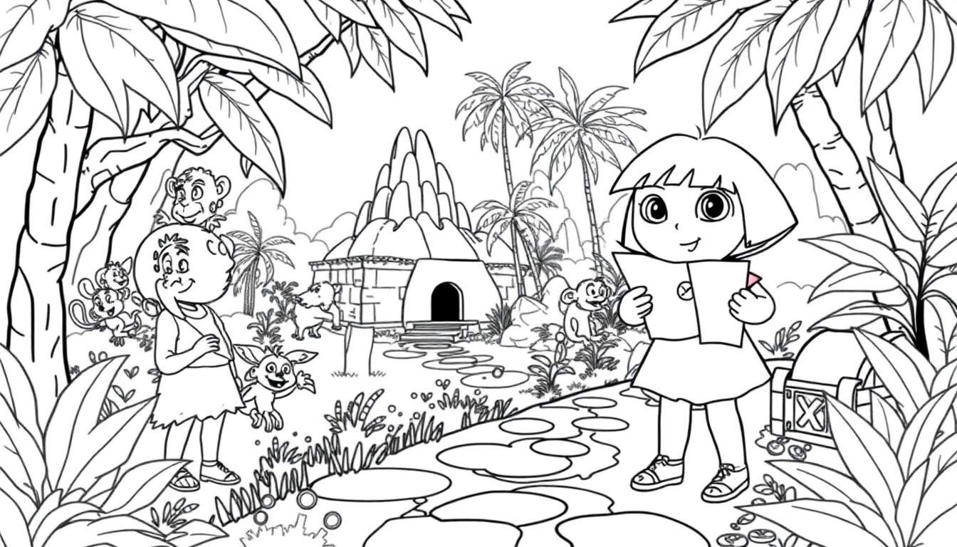 Página para colorir com Dora, a Aventureira, segurando um mapa, ao lado de uma amiga com macacos e um coelho mágico, numa selva com um templo e montanhas ao fundo.