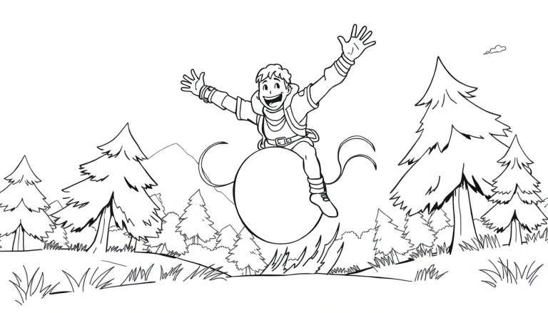 Página para colorir de um personagem de aventura a saltar feliz no ar sobre uma bola gigante em paisagem desértica.