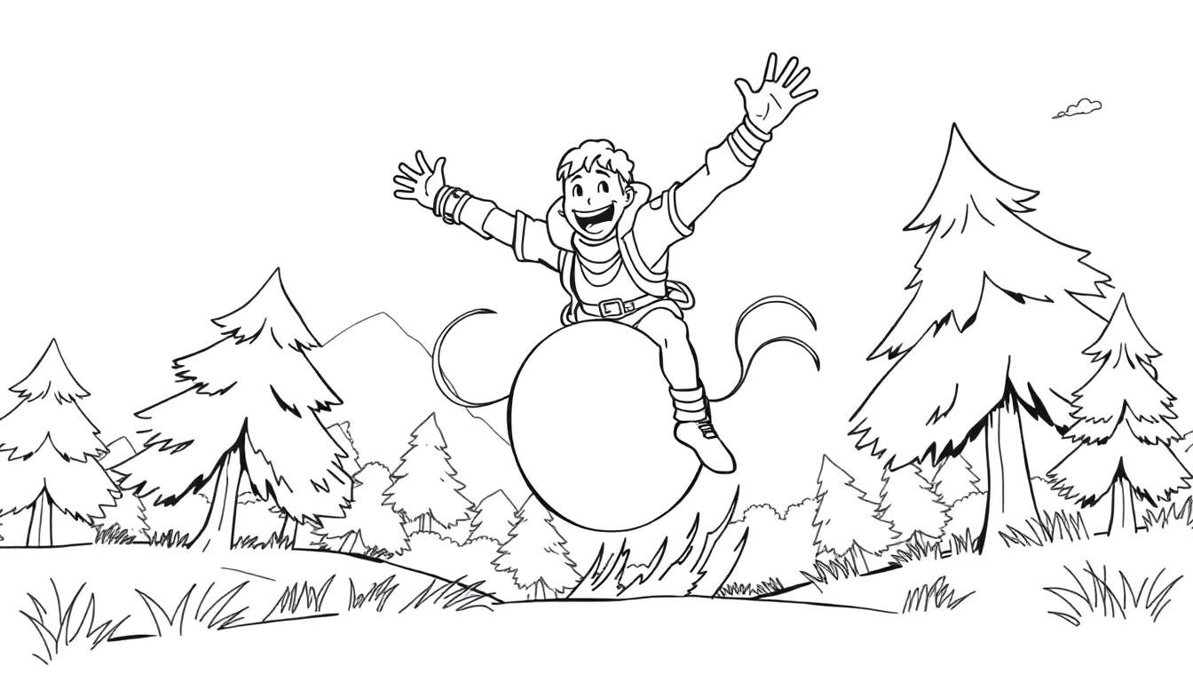 Página para colorir de um personagem de aventura a saltar feliz no ar sobre uma bola gigante em paisagem desértica.