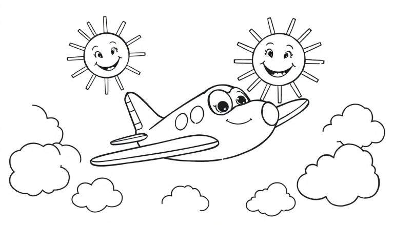Página para colorir de um avião sorridente a voar entre nuvens com o sol a sorrir emoldurando a cena.