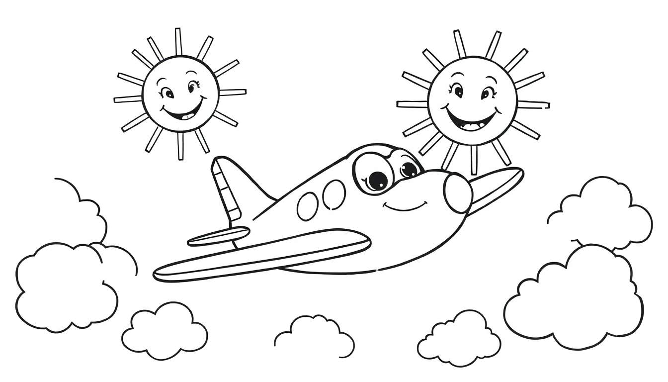 Página para colorir de um avião sorridente a voar entre nuvens com o sol a sorrir emoldurando a cena.