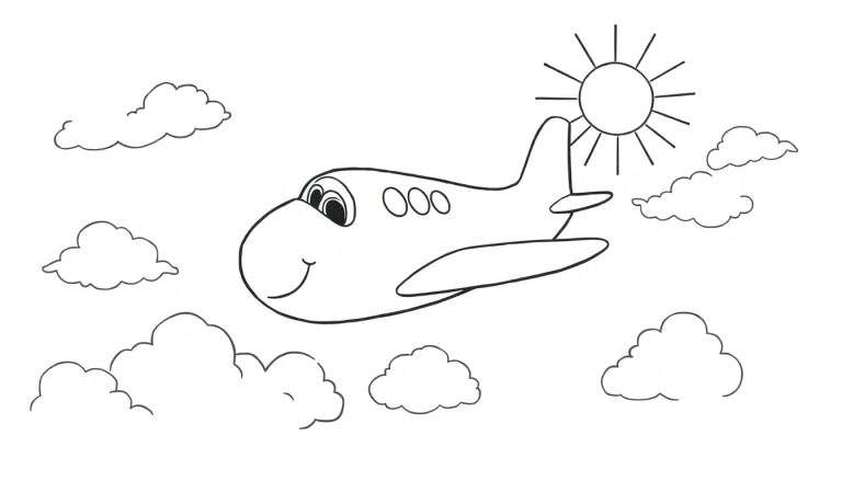 Página para colorir de um avião de desenho animado sorridente voando no céu com nuvens e sol.