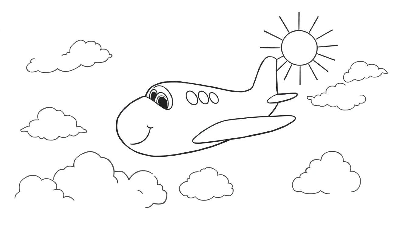 Página para colorir de um avião de desenho animado sorridente voando no céu com nuvens e sol.