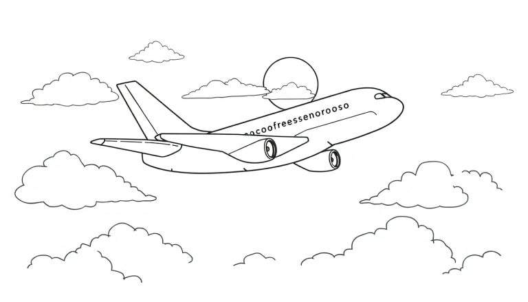 Página para colorir com um avião desenhado a preto e branco a voar entre nuvens, com o sol parcialmente visível ao fundo.