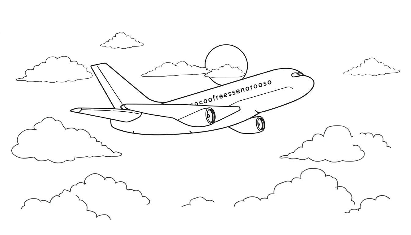 Página para colorir com um avião desenhado a preto e branco a voar entre nuvens, com o sol parcialmente visível ao fundo.