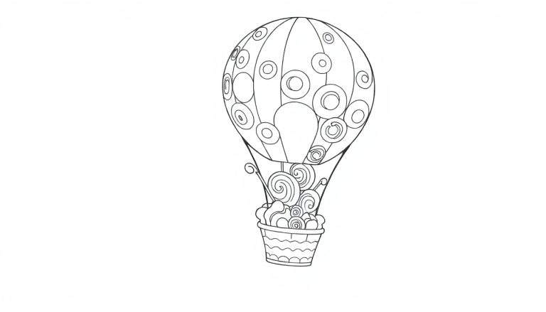 Página para colorir de um balão de ar quente preto e branco com desenhos de círculos e espirais no envelope, e a cesta cheia de pirulitos e algodão doce em espiral.