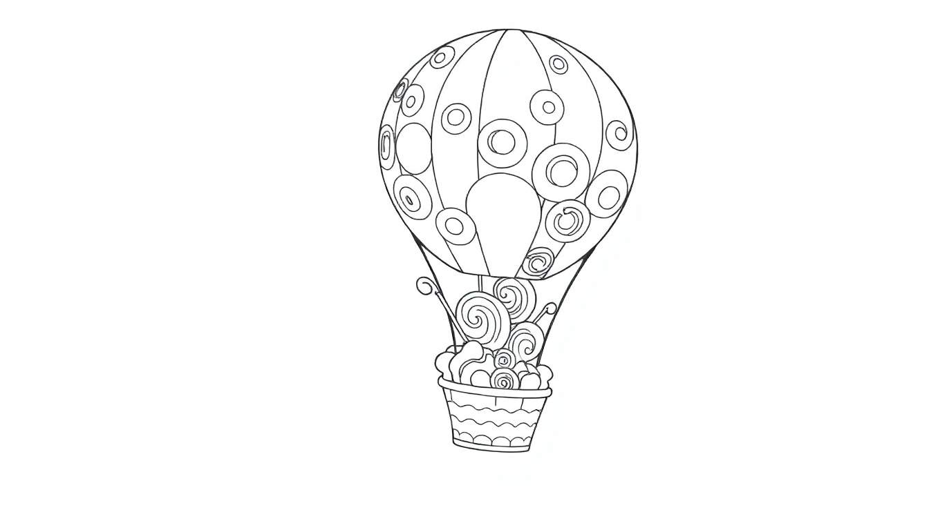 Página para colorir de um balão de ar quente preto e branco com desenhos de círculos e espirais no envelope, e a cesta cheia de pirulitos e algodão doce em espiral.