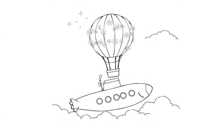 Página para colorir: um balão de ar quente com flocos de neve e lua crescente no topo, conectado à gôndola de um submarino sorridente com cinco vigias, ambos flutuando em nuvens macias sob um céu noturno estrelado.