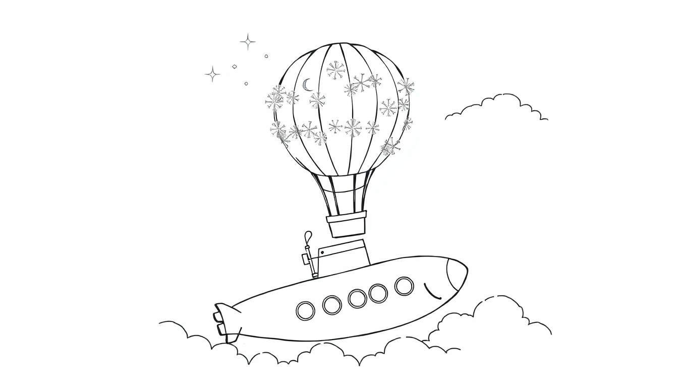 Página para colorir: um balão de ar quente com flocos de neve e lua crescente no topo, conectado à gôndola de um submarino sorridente com cinco vigias, ambos flutuando em nuvens macias sob um céu noturno estrelado.