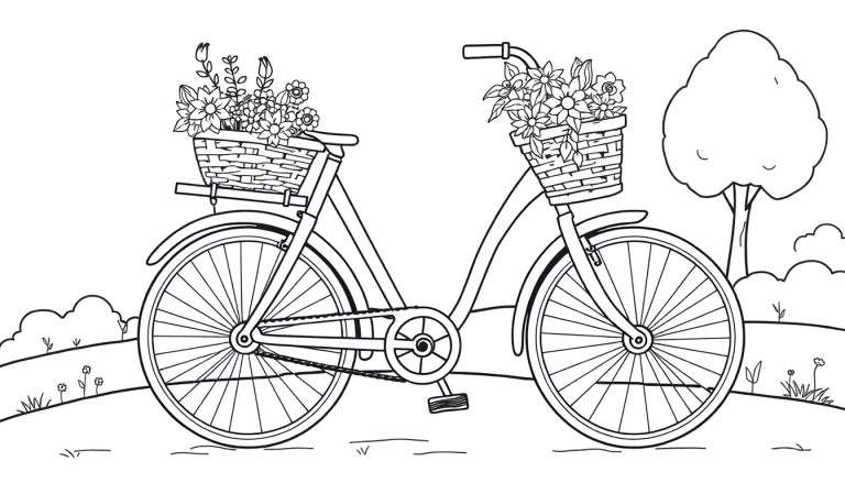 Desenho para colorir de uma bicicleta com cestos de flores em cada guidão, rodeada por um cenário exterior.