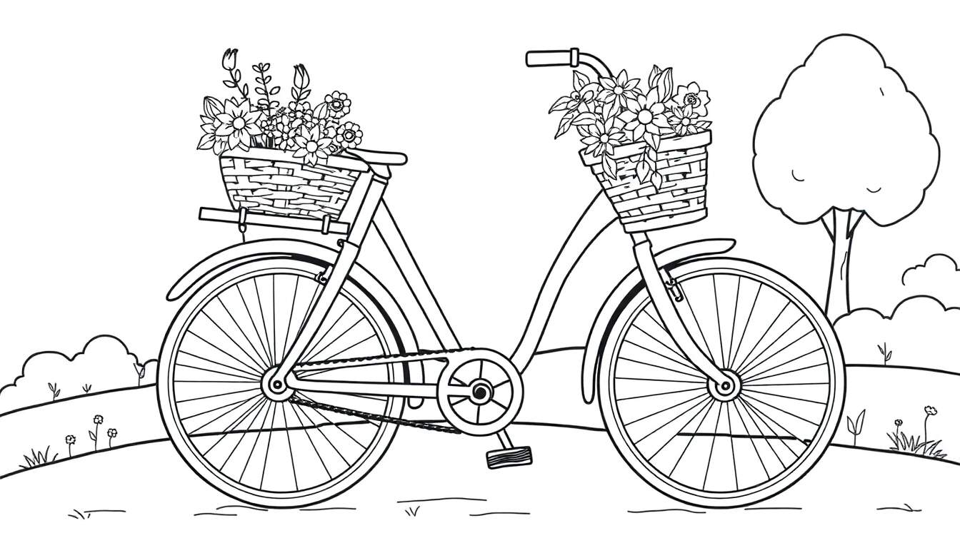 Desenho para colorir de uma bicicleta com cestos de flores em cada guidão, rodeada por um cenário exterior.