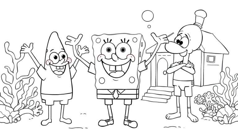 Página para colorir com Bob Esponja, Patrick Estrela e Sr. Siriguejo acenando, com uma casa de morango e algas marinhas ao fundo.