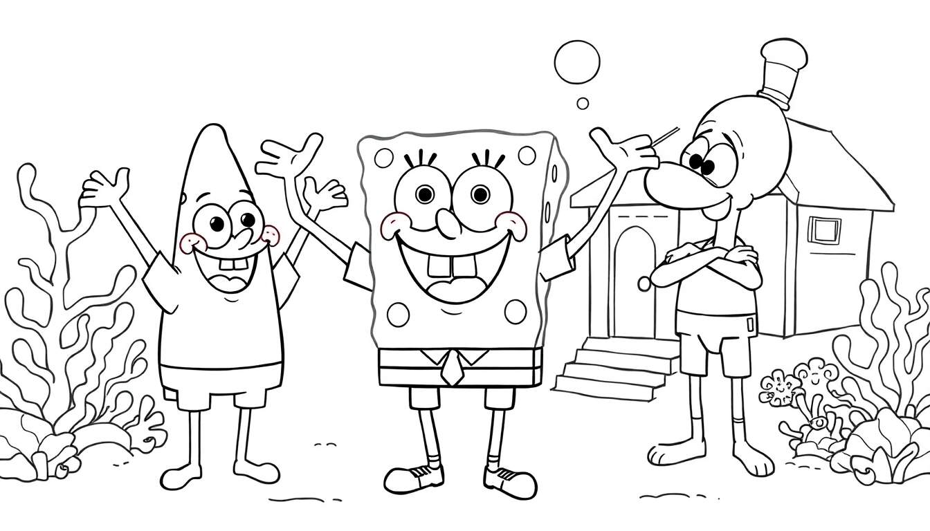 Página para colorir com Bob Esponja, Patrick Estrela e Sr. Siriguejo acenando, com uma casa de morango e algas marinhas ao fundo.