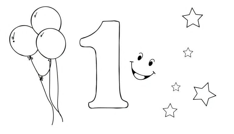 Página para colorir de um bolo de aniversário com o número 1, balões, estrelas e um rosto sorridente.