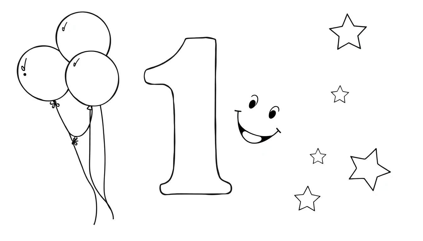 Página para colorir de um bolo de aniversário com o número 1, balões, estrelas e um rosto sorridente.