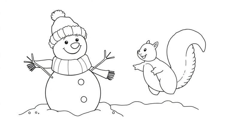 Página para colorir com um boneco de neve sorridente usando um gorro e cachecol, e um esquilo curioso a saltar ao seu lado, ambos rodeados de neve.