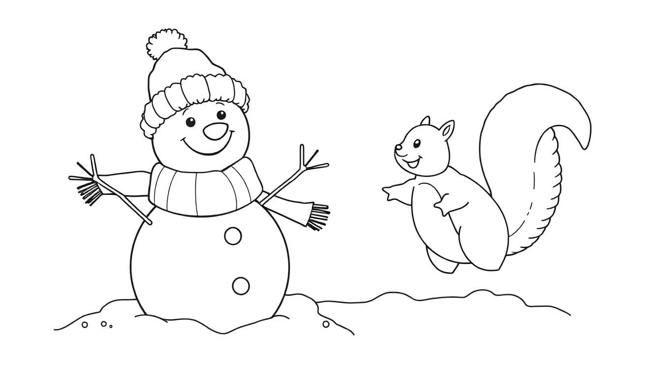 Página para colorir com um boneco de neve sorridente usando um gorro e cachecol, e um esquilo curioso a saltar ao seu lado, ambos rodeados de neve.