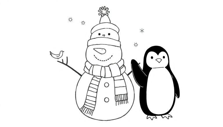 Página para colorir de um boneco de neve com chapéu e cachecol listrado, botões e um pássaro num galho, ao lado de um pinguim que acena, com flocos de neve ao fundo.