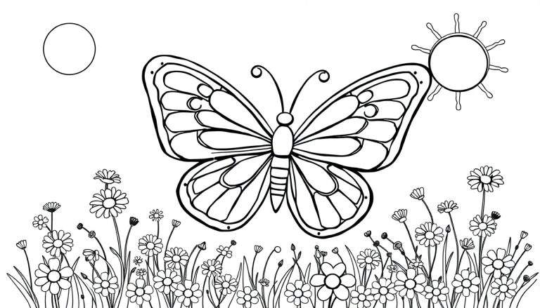 Página para colorir de borboleta com flores e elementos celestes.