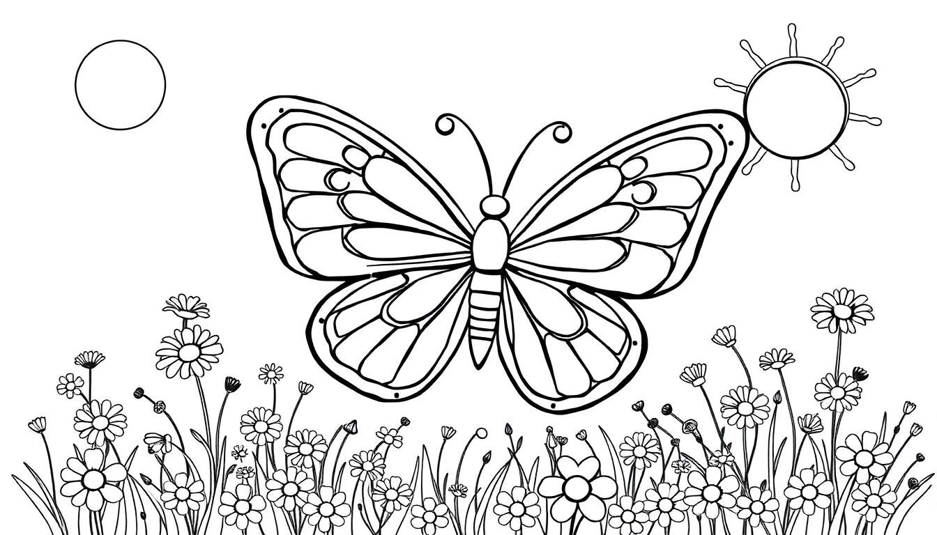 Página para colorir de borboleta com flores e elementos celestes.
