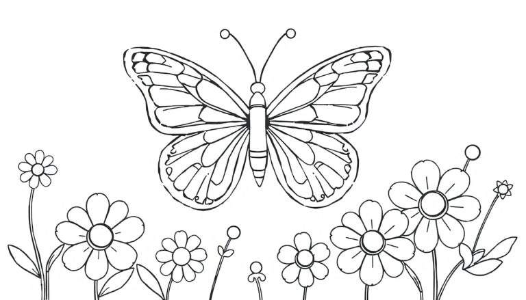 Página para colorir de uma borboleta com asas abertas sobre um campo de flores.