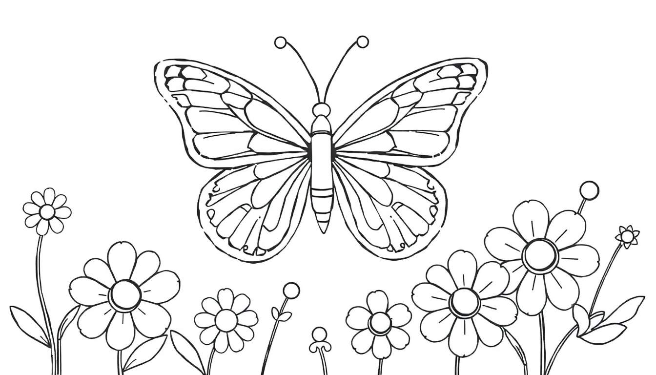 Página para colorir de uma borboleta com asas abertas sobre um campo de flores.