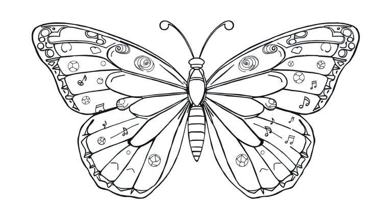 Página para colorir em contorno de uma borboleta com asas decoradas com notas musicais, círculos e formas de bola de futebol.