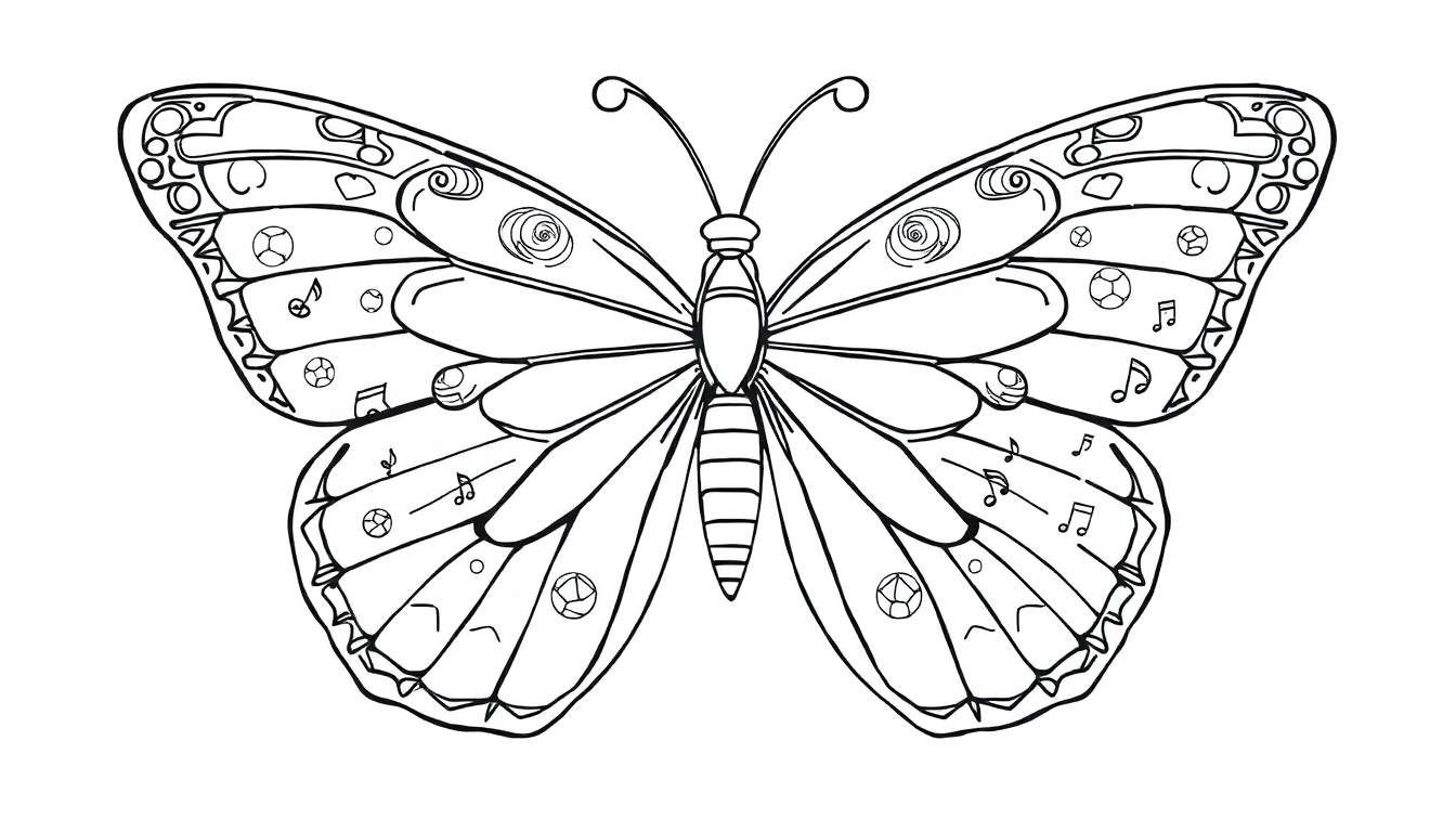 Página para colorir em contorno de uma borboleta com asas decoradas com notas musicais, círculos e formas de bola de futebol.