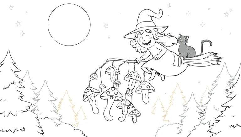 Página para colorir de uma bruxa feliz e seu gato voando numa vassoura sob a lua cheia.