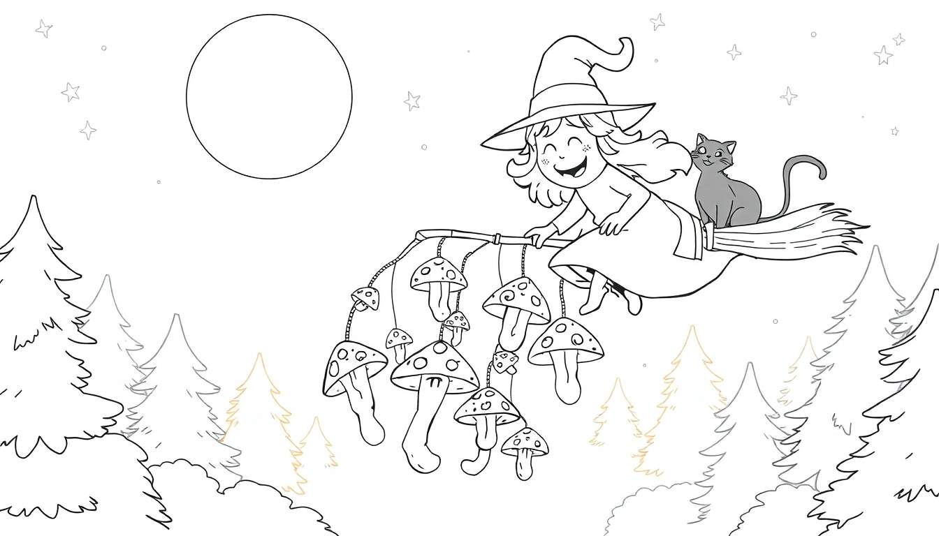 Página para colorir de uma bruxa feliz e seu gato voando numa vassoura sob a lua cheia.