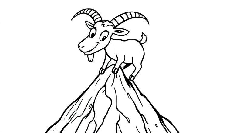 Desenho para colorir de uma cabra sorridente no topo de uma montanha rochosa.