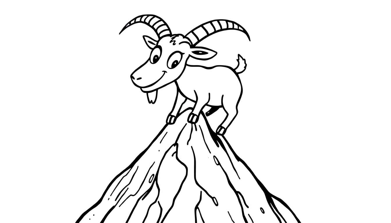 Desenho para colorir de uma cabra sorridente no topo de uma montanha rochosa.