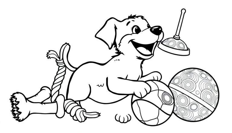Página para colorir de um cachorro feliz com vários brinquedos