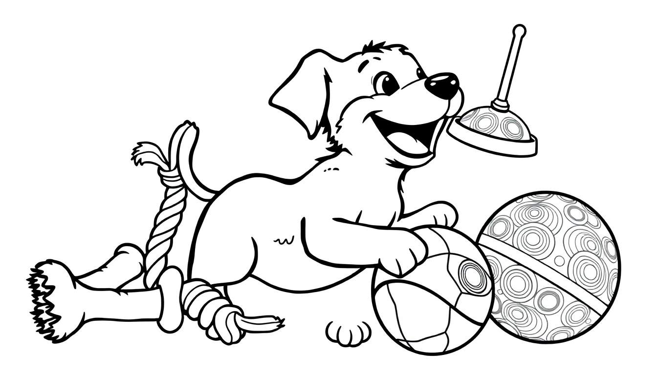 Página para colorir de um cachorro feliz com vários brinquedos