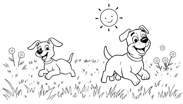 Página para colorir de dois cachorros felizes e brincalhões correndo num campo ensolarado com flores. O sol tem um rosto sorridente.